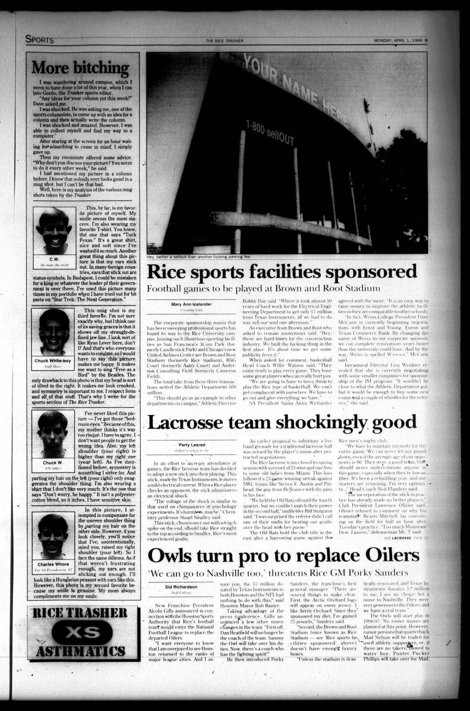 The Rice Thresher (Houston, Tex.), Vol. 83, No. 24.5, Ed. 1 Monday, April 1, 1996
                                                
                                                    [Sequence #]: 9 of 12
                                                