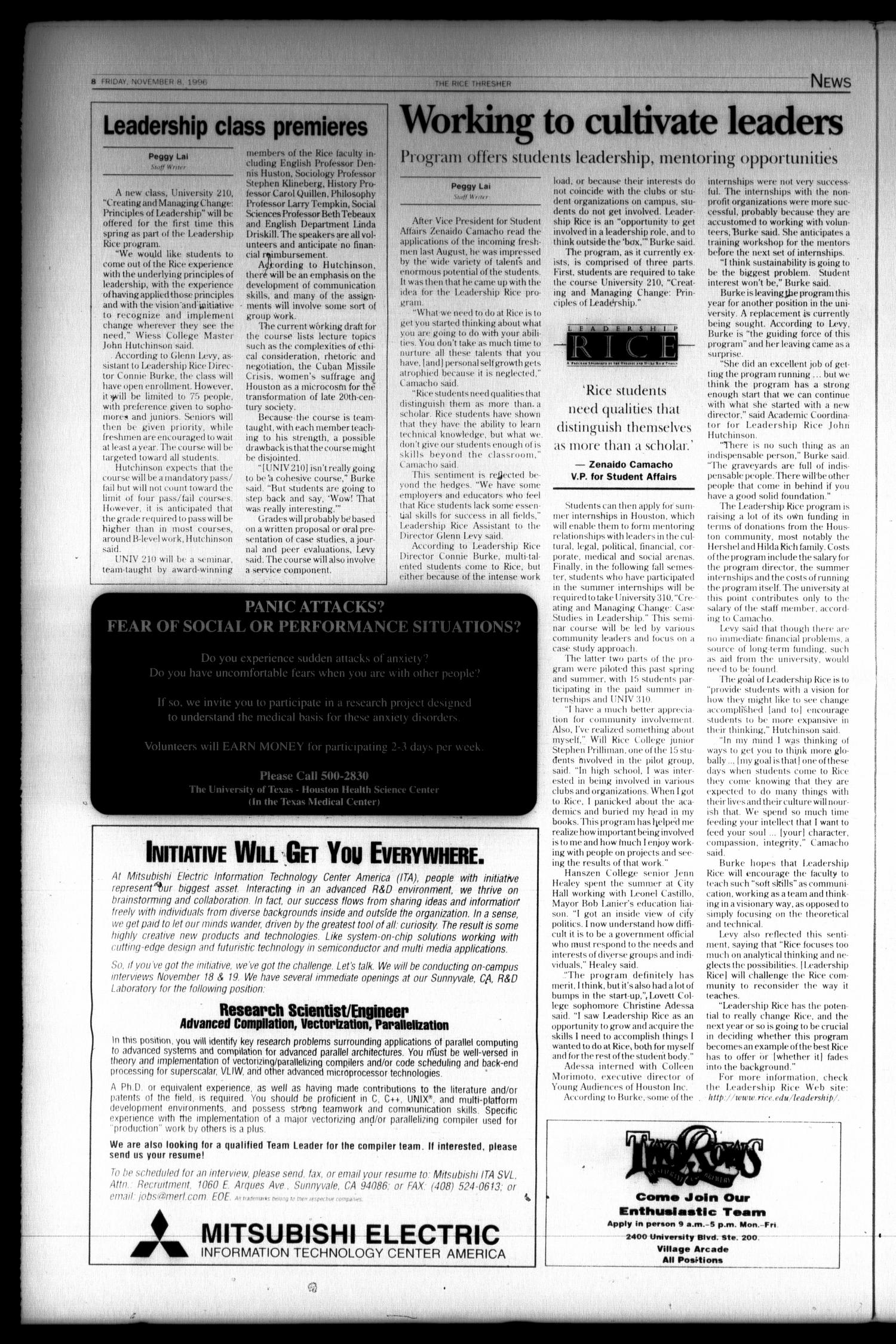 The Rice Thresher (Houston, Tex.), Vol. 84, No. 10, Ed. 1 Friday, November 8, 1996
                                                
                                                    [Sequence #]: 8 of 20
                                                
