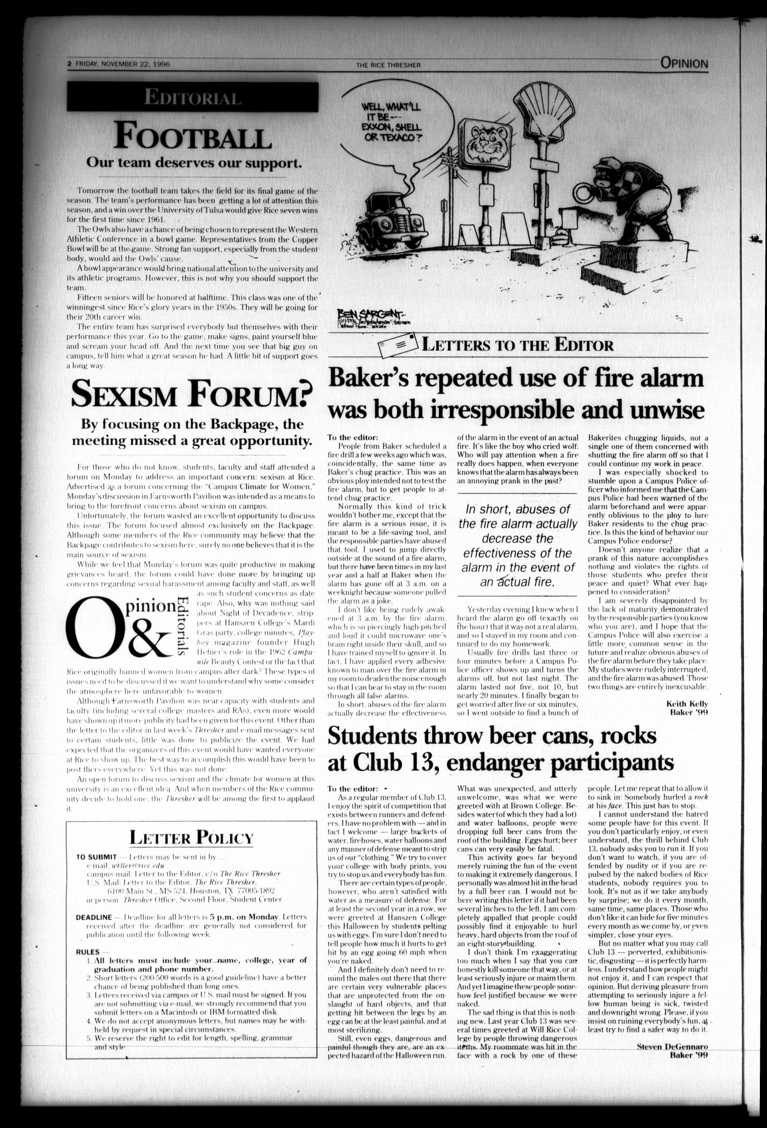 The Rice Thresher (Houston, Tex.), Vol. 84, No. 12, Ed. 1 Friday, November 22, 1996
                                                
                                                    [Sequence #]: 2 of 16
                                                