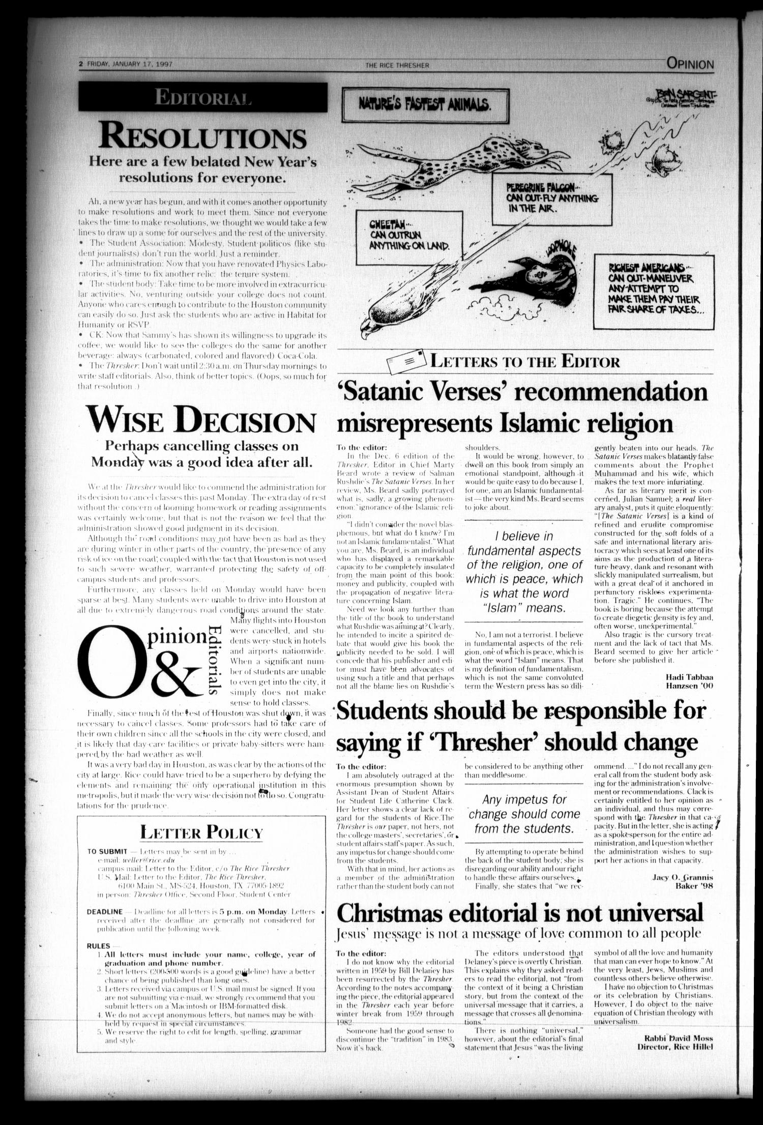 The Rice Thresher (Houston, Tex.), Vol. 84, No. 14, Ed. 1 Friday, January 17, 1997
                                                
                                                    [Sequence #]: 2 of 16
                                                