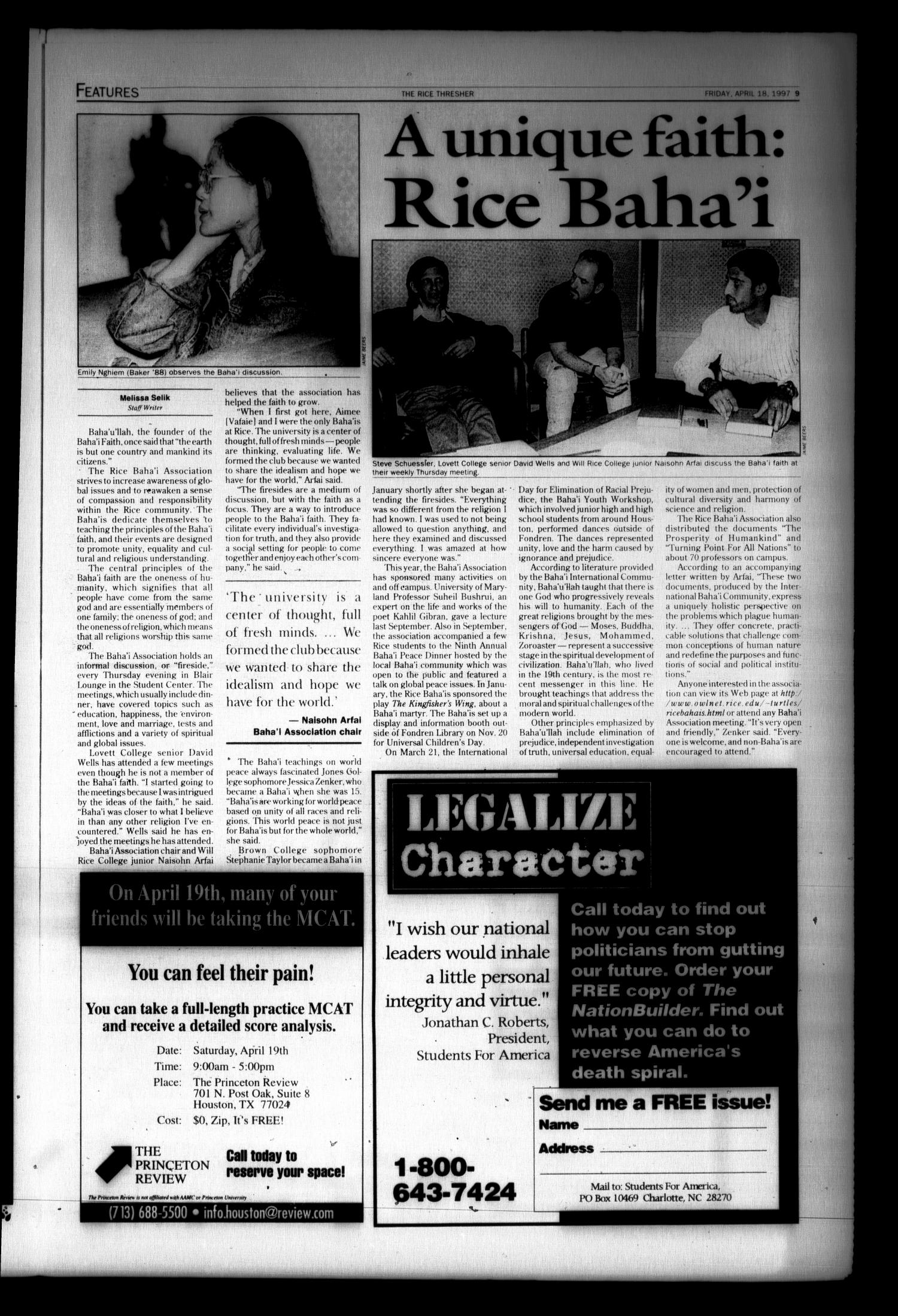 The Rice Thresher (Houston, Tex.), Vol. 84, No. 25, Ed. 1 Friday, April 18, 1997
                                                
                                                    [Sequence #]: 9 of 16
                                                