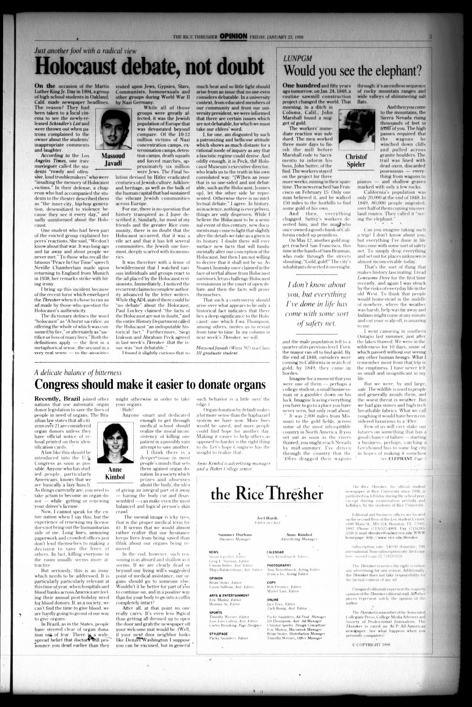The Rice Thresher (Houston, Tex.), Vol. 85, No. 15, Ed. 1 Friday, January 23, 1998
                                                
                                                    [Sequence #]: 3 of 20
                                                