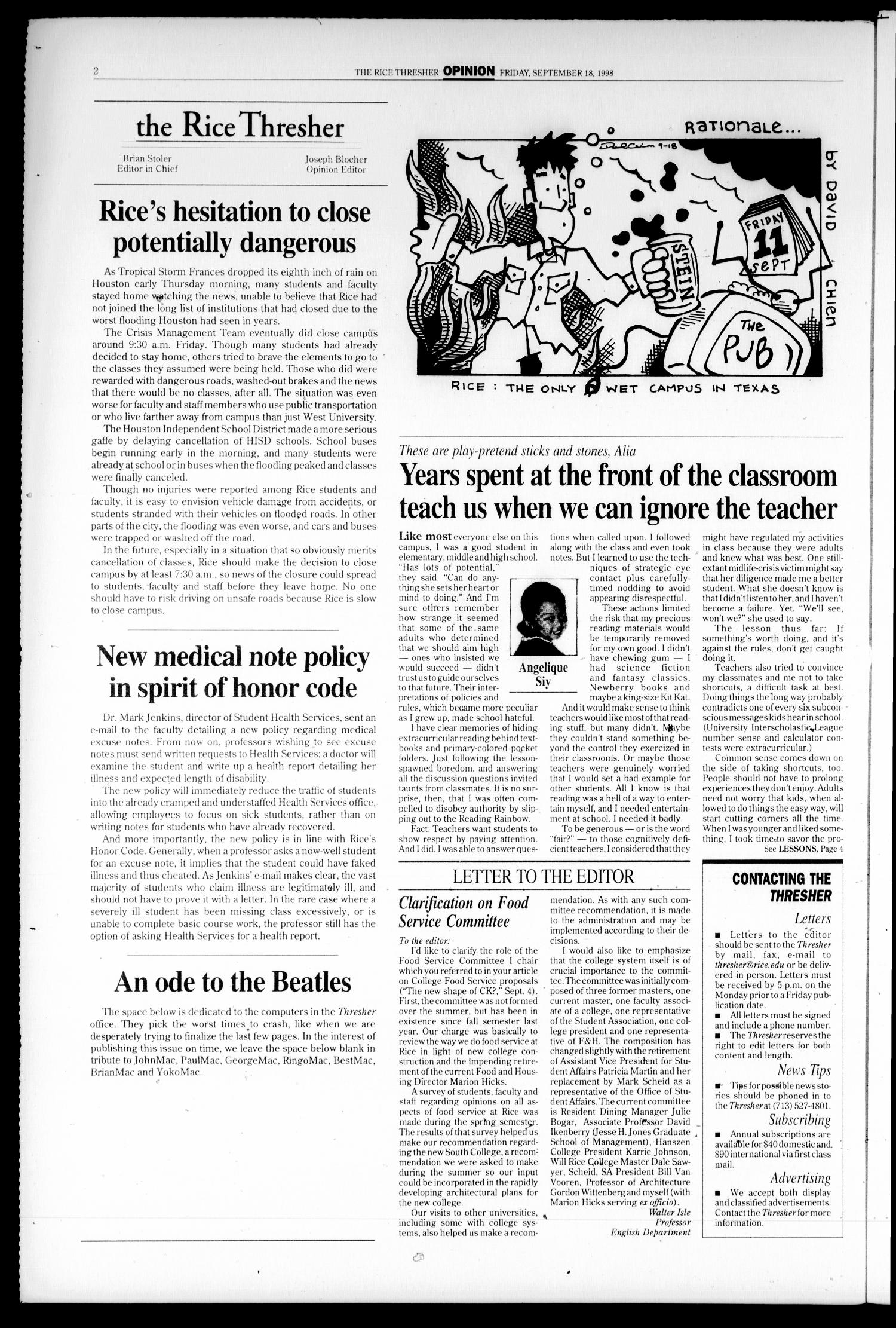 The Rice Thresher (Houston, Tex.), Vol. 86, No. 3, Ed. 1 Friday, September 18, 1998
                                                
                                                    [Sequence #]: 2 of 24
                                                