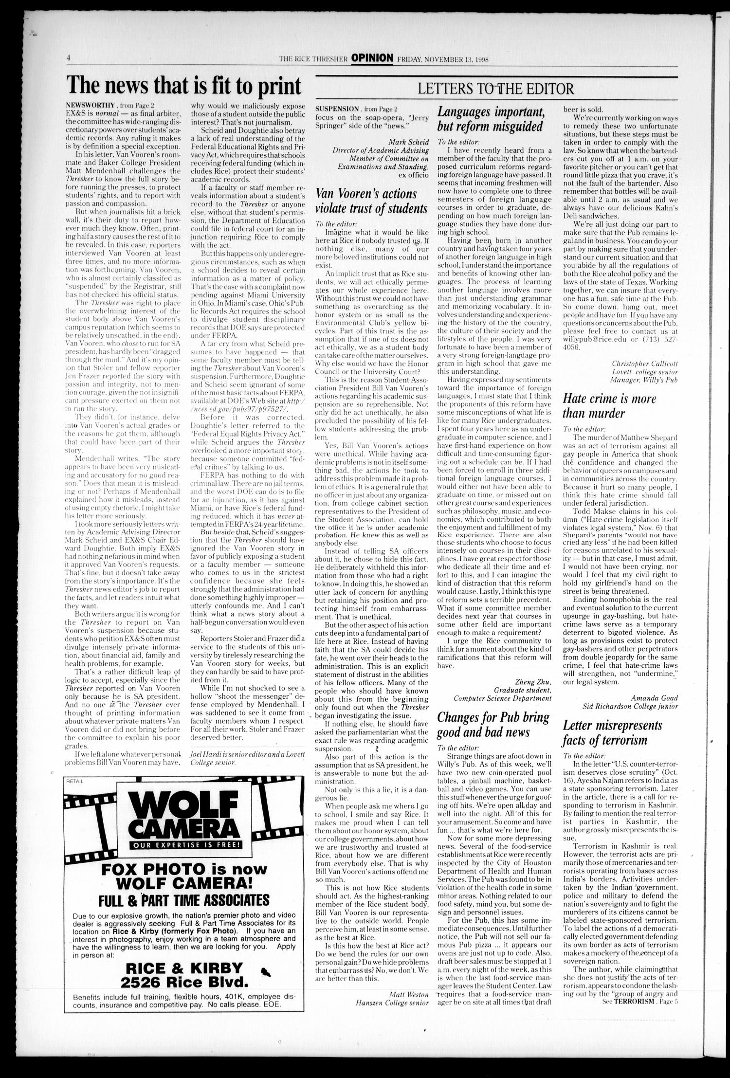 The Rice Thresher (Houston, Tex.), Vol. 86, No. 10, Ed. 1 Friday, November 13, 1998
                                                
                                                    [Sequence #]: 4 of 20
                                                