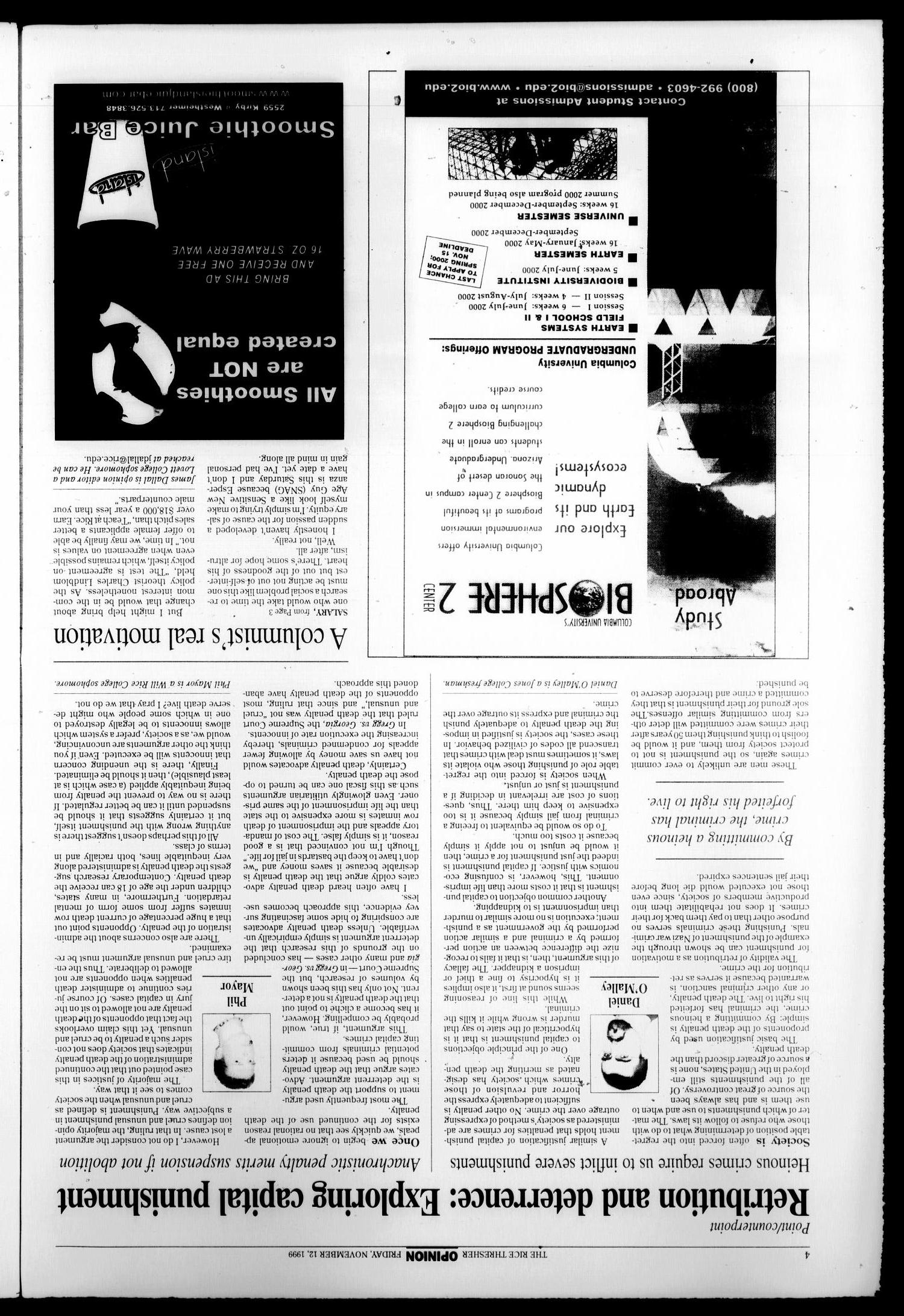 The Rice Thresher (Houston, Tex.), Vol. 87, No. 10, Ed. 1 Friday, November 12, 1999
                                                
                                                    [Sequence #]: 4 of 24
                                                