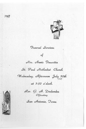 Primary view of object titled '[Funeral Program for Annie Faucetta, July 30, 1947]'.