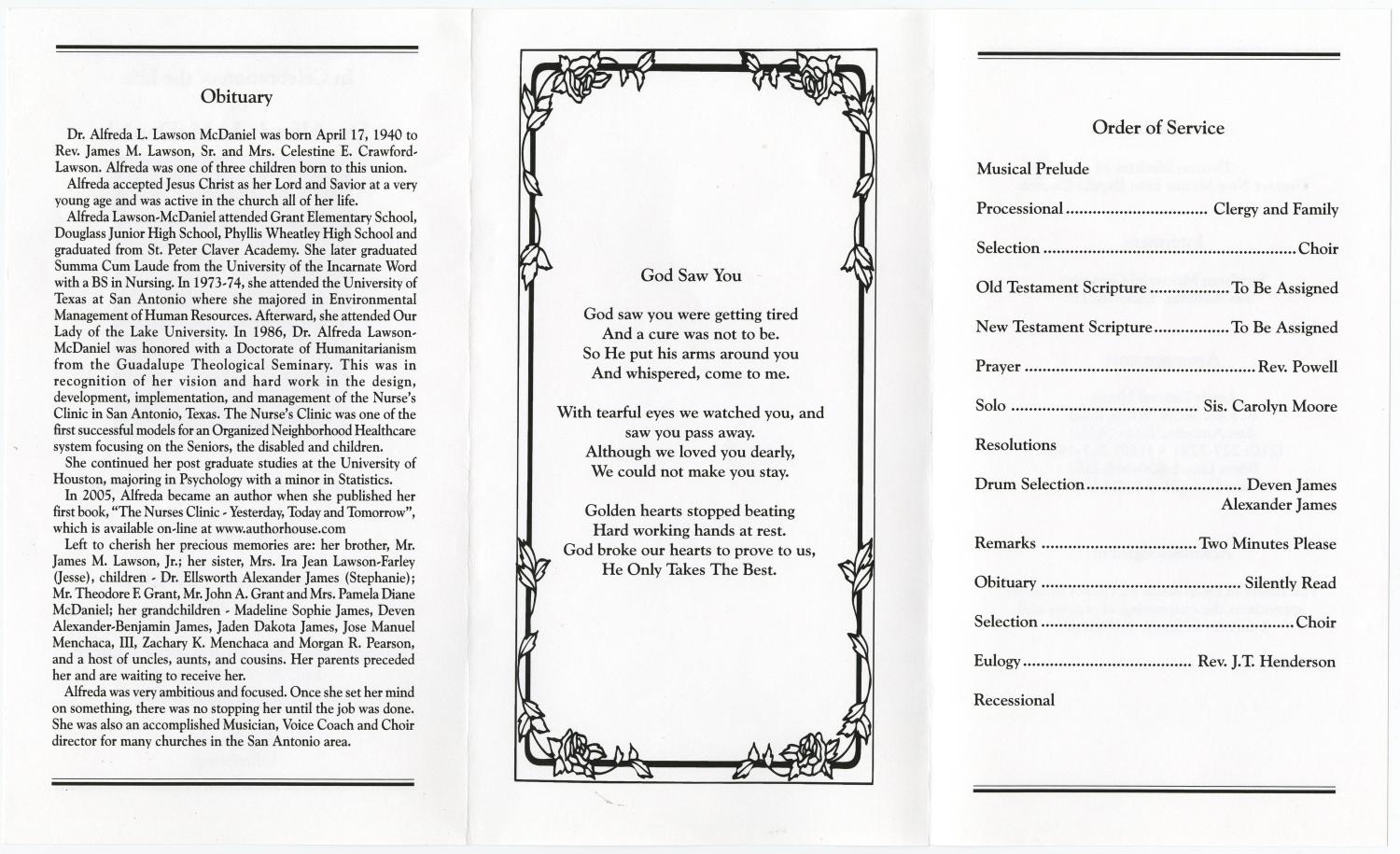 [Funeral Program for Alfreda L. McDaniel, October 29, 2005]
                                                
                                                    [Sequence #]: 2 of 3
                                                