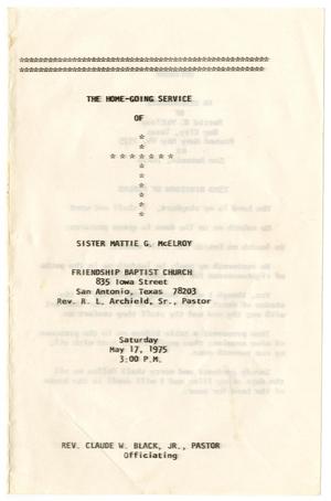 Primary view of object titled '[Funeral Program for Mattie G. McElroy, May 17, 1975]'.