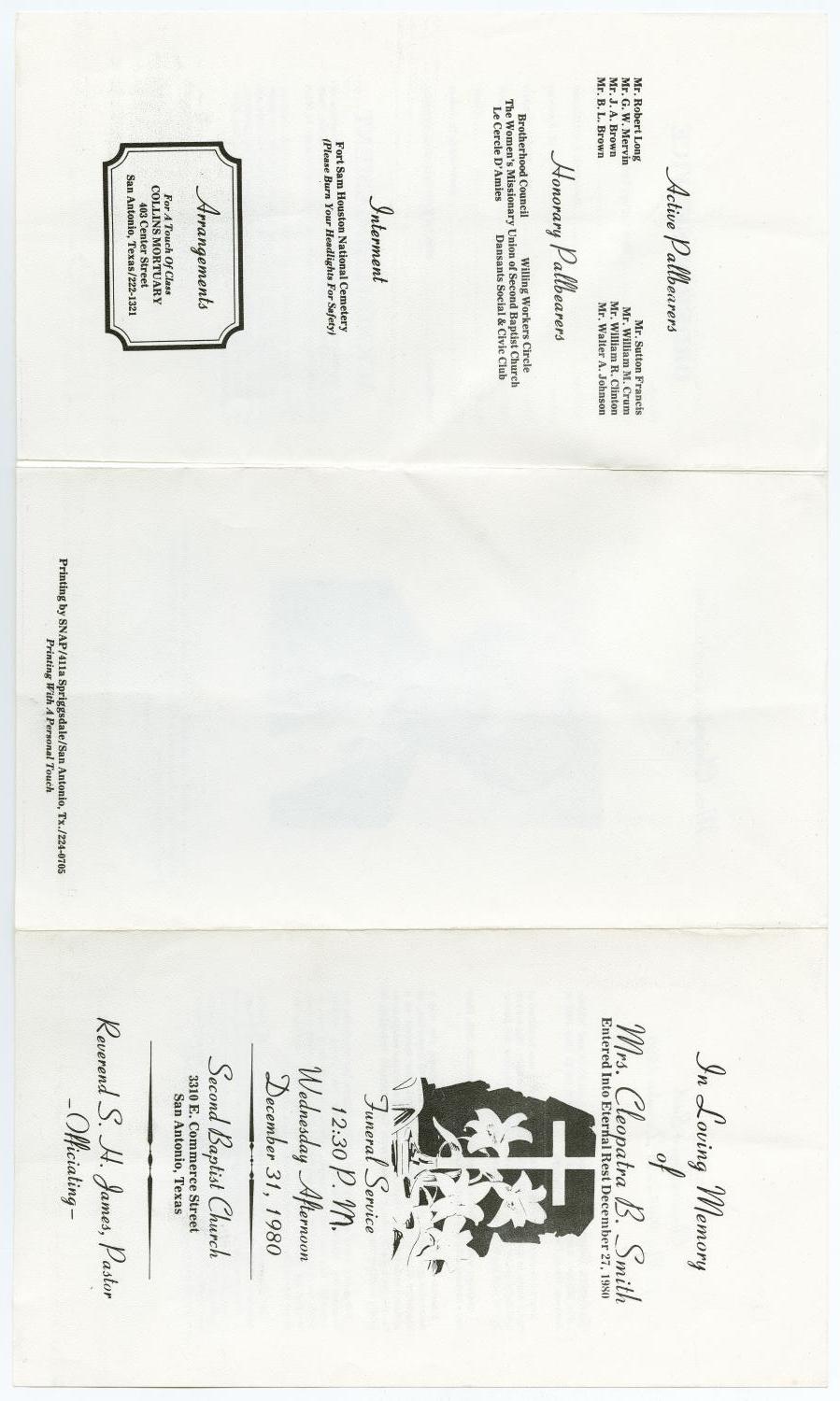 [Funeral Program for Cleopatra B. Smith, December 31, 1980]
                                                
                                                    [Sequence #]: 3 of 3
                                                