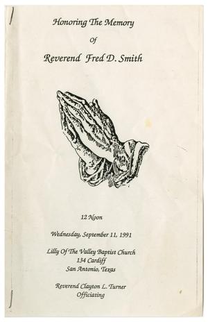 Primary view of object titled '[Funeral Program for Reverend Fred D. Smith, September 11, 1991]'.