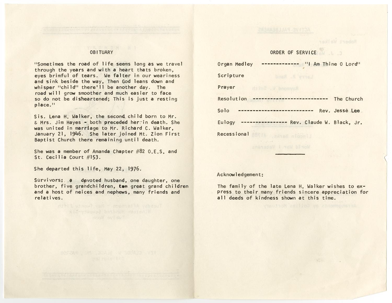 [Funeral Program for Lena H. Walker, May 25, 1976]
                                                
                                                    [Sequence #]: 2 of 3
                                                