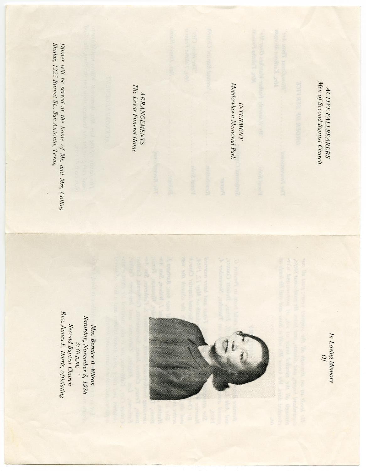[Funeral Program for Bernice B. Wilson, November 8, 1986]
                                                
                                                    [Sequence #]: 3 of 3
                                                