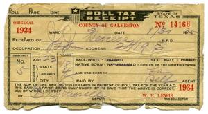 Primary view of object titled '[Poll tax receipt for John J. Herrera, County of Galveston - 1934]'.