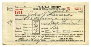 Primary view of object titled '[Poll tax receipt for John J. Herrera, County of Harris - 1941]'.