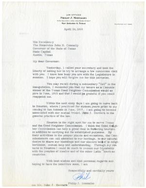 Primary view of object titled '[Letter from Phillip J. Montalbo to John Connally - 1965-04-24]'.