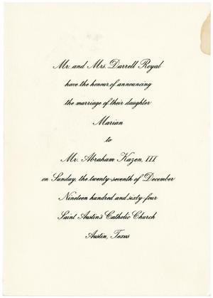 Primary view of object titled '[Invitation to the wedding of Marian Royal to Abraham Kazen, III]'.