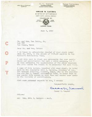 Primary view of object titled '[Letter from Oscar M. Laurel to Mr. and Mrs. Dan Tobin, Jr. - 1964-07-02]'.