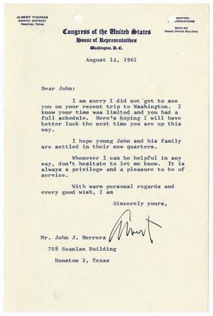 Primary view of [Letter from Albert Thomas to John J. Herrera - 1961-08-14]