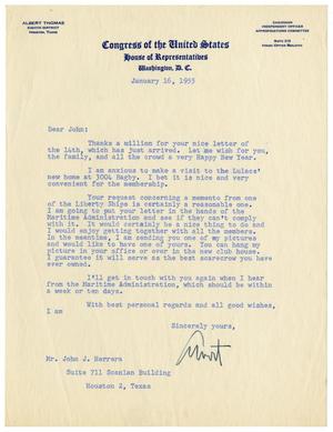 Primary view of object titled '[Letter from Albert Thomas to John J. Herrera - 1955-01-16]'.