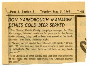 Primary view of object titled 'Don Yarborough manager denies cold beer served'.