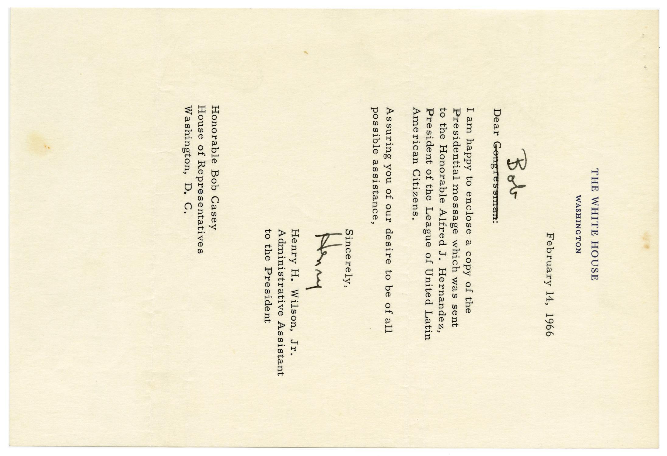 [Letter from Henry H. Wilson, Jr. to Bob Casey - 1966-02-14]
                                                
                                                    [Sequence #]: 1 of 2
                                                