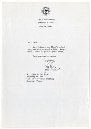 Primary view of object titled '[Letter from John B. Connally to John J. Herrera - 1965-07-14]'.
