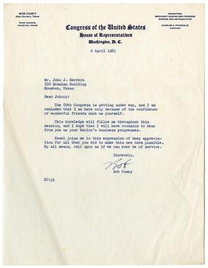 Primary view of object titled '[Letter from Bob Casey to John J. Herrera - 1965-04-02]'.