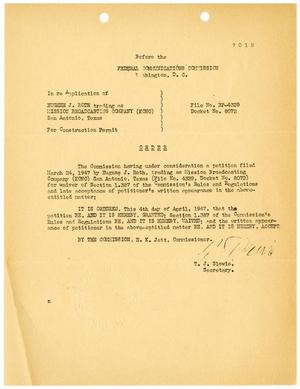 Primary view of object titled '[Federal Communications Commission Order for Construction Permit, Eugene J. Roth, April 4, 1947]'.