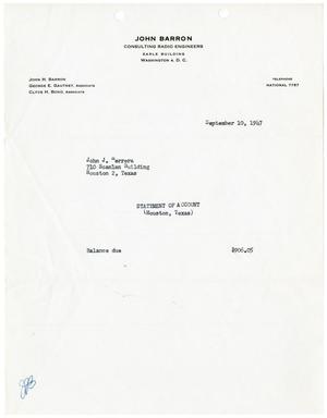 Primary view of object titled '[Statement of Account for John J. Herrera from John Barron Consulting Radio Engineers - September 10, 1947]'.