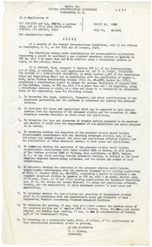 Primary view of object titled '[Federal Communications Commission Order for Hearing, for Roy Hofheinz and W. N. Hooper, January 30, 1947]'.