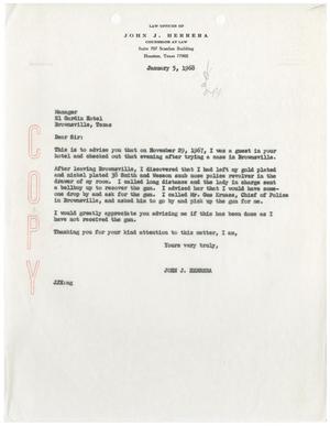 Primary view of object titled '[Letter from John J. Herrera to the Manager of the El Gardin Hotel - 1968-01-05]'.