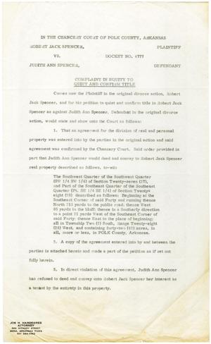 Primary view of object titled '[Complaint in Equity to Quiet and Confirm Title, Robert Jack Spencer vs. Judith Ann Spencer - 1973-02-12]'.
