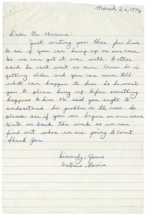 Primary view of object titled '[Letter from Antonia Garcia to John J. Herrera - 1974-03-26]'.