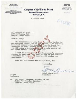 Primary view of object titled '[Letter from Edith Dischinger to Sheppard W. King III - 1975-01-03]'.
