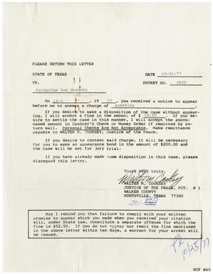Primary view of object titled '[Letter from Walter Cooksey to Katherine Luz Herrera - 1977-10-21]'.