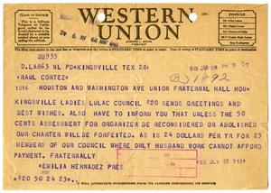 Primary view of object titled '[Telegram from Emilia Hernandez to Raoul Cortez - 1949-01-28]'.