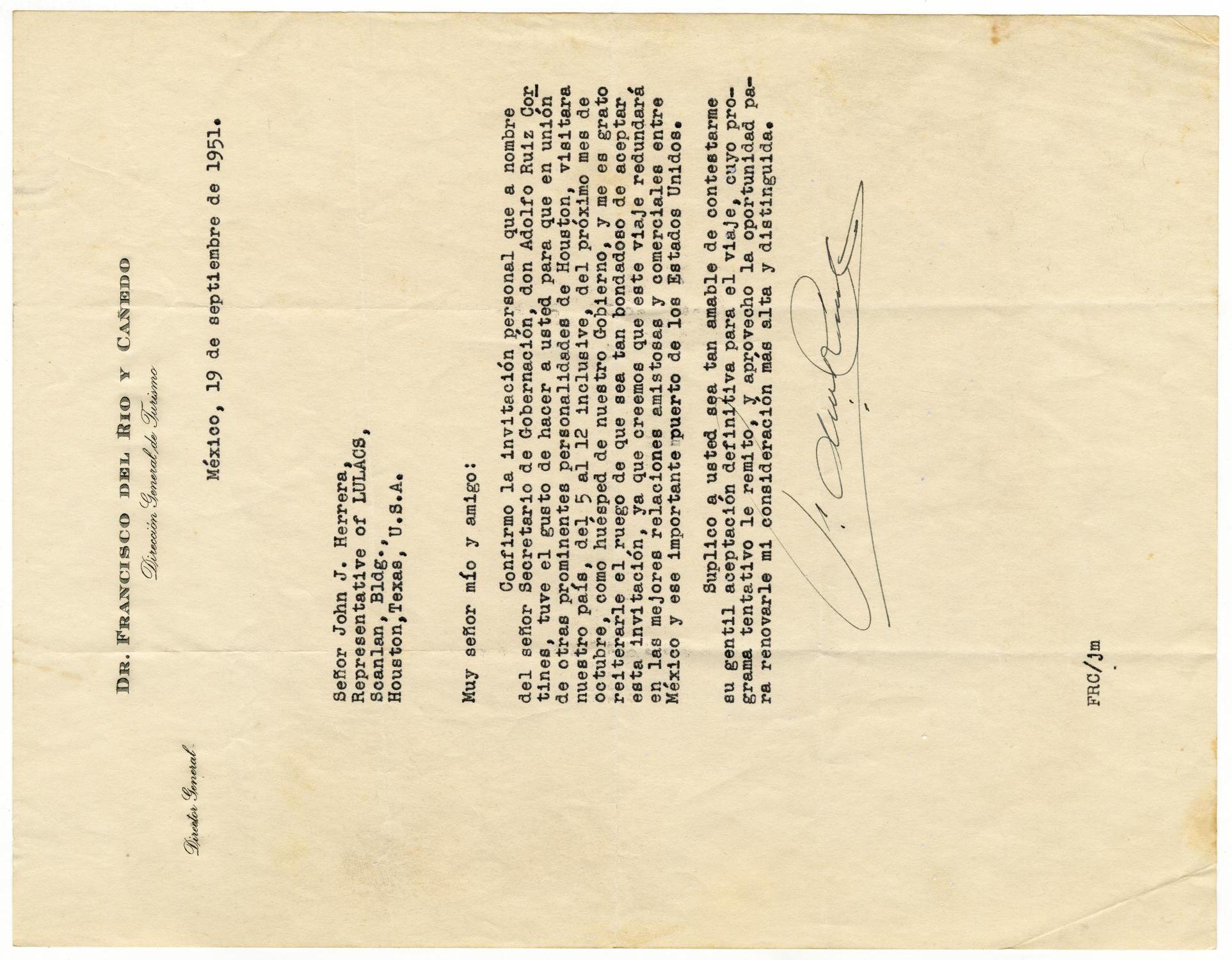 [Letter from Dr. Francisco del Rio y Cañedo to John J. Herrera - 1951-09-19]
                                                
                                                    [Sequence #]: 1 of 4
                                                