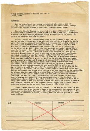 Primary view of object titled '[Petition for clemency for Roberto Jimenez sent to the Texas Board of Pardons and Paroles]'.