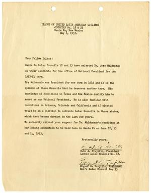 Primary view of object titled '[Letter from Santa Fe LULAC Councils 18 and 33 to LULAC Councils - 1953-05-06]'.