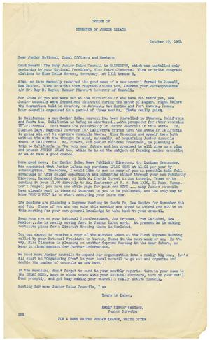 Primary view of object titled '[Letter from Emily Rimmer Vasquez, LULAC Junior Director to Junior national and local officers and members - 1954-10-29]'.