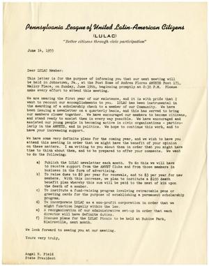Primary view of object titled '[Letter from Angel R. Field to Pennsylvania LULAC Members - 1955-06-14]'.