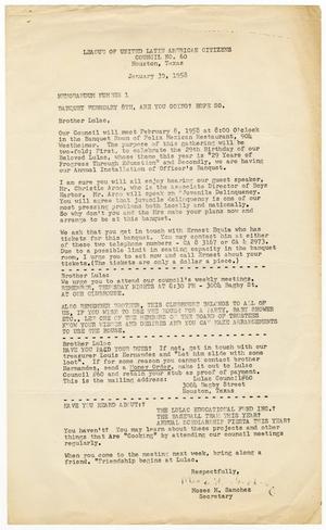 Primary view of object titled '[Memorandum from Moses M. Sanchez to LULAC members - 1958-01-30]'.