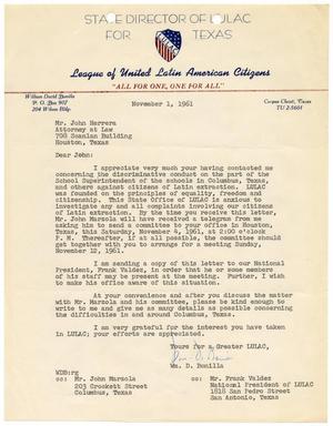Primary view of object titled '[Letter from William D. Bonilla to John J. Herrera - 1961-11-01]'.