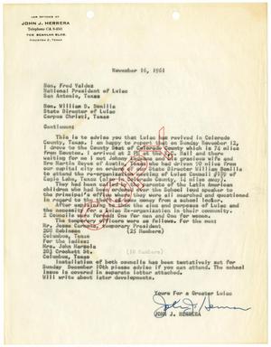 Primary view of object titled '[Letter from John J. Herrera to Fred M. Valdez and William D. Bonilla - 1961-11-16]'.