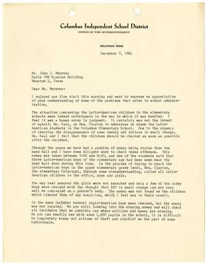 Primary view of object titled '[Letter from Marley Giddens to John J. Herrera - 1961-12-07]'.