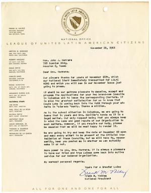 Primary view of object titled '[Letter from Frank M. Valdez to John J. Herrera - 1961-11-21]'.