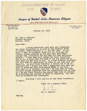 Primary view of object titled '[Letter from William D. Bonilla to John J. Herrera - 1962-01-29]'.