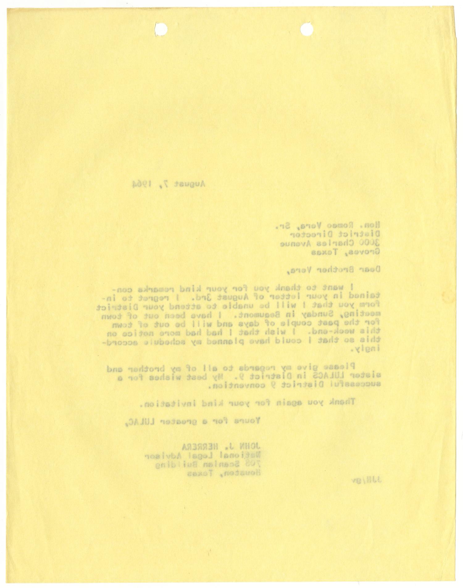 [Letter from John J. Herrera to Romeo Vera, Sr. - 1964-08-07]
                                                
                                                    [Sequence #]: 2 of 2
                                                
