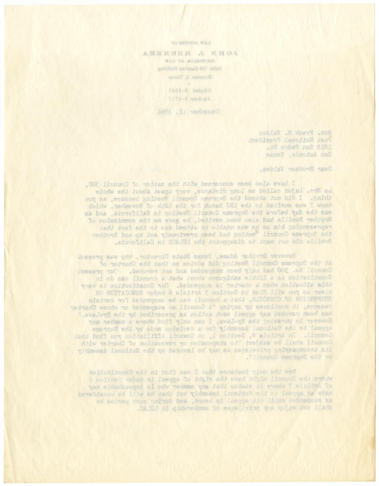[Letter from John J. Herrera to Frank M. Valdez - 1964-12-11]
                                                
                                                    [Sequence #]: 2 of 6
                                                