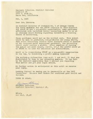 Primary view of object titled '[Letter from Benjamin Palacios to John J. Herrera - 1965-02-01]'.